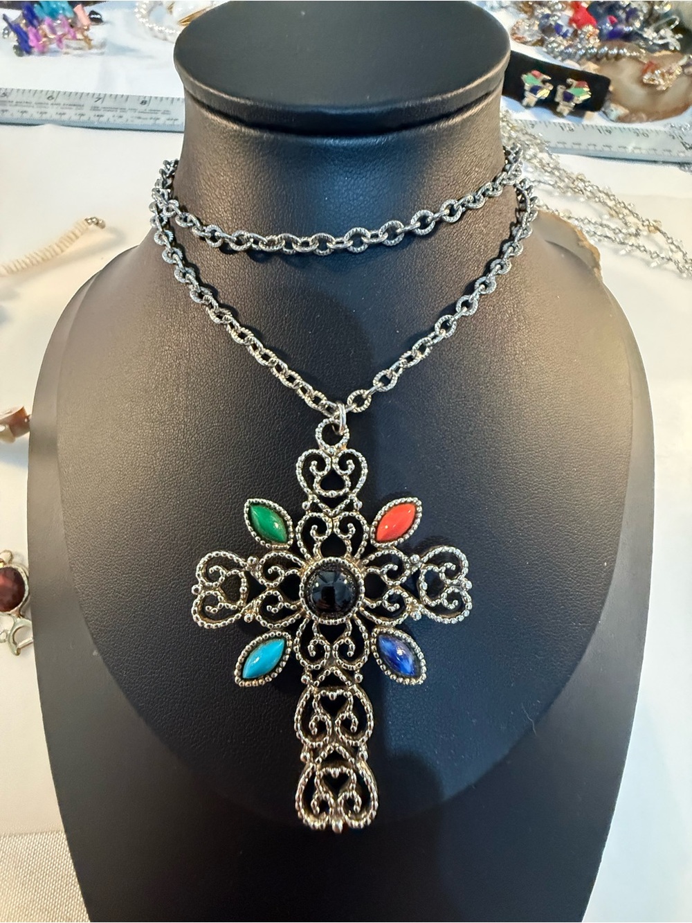 Vintage Avon Filigree Cross Pendant Necklace w Multicolor accent - Silver chain